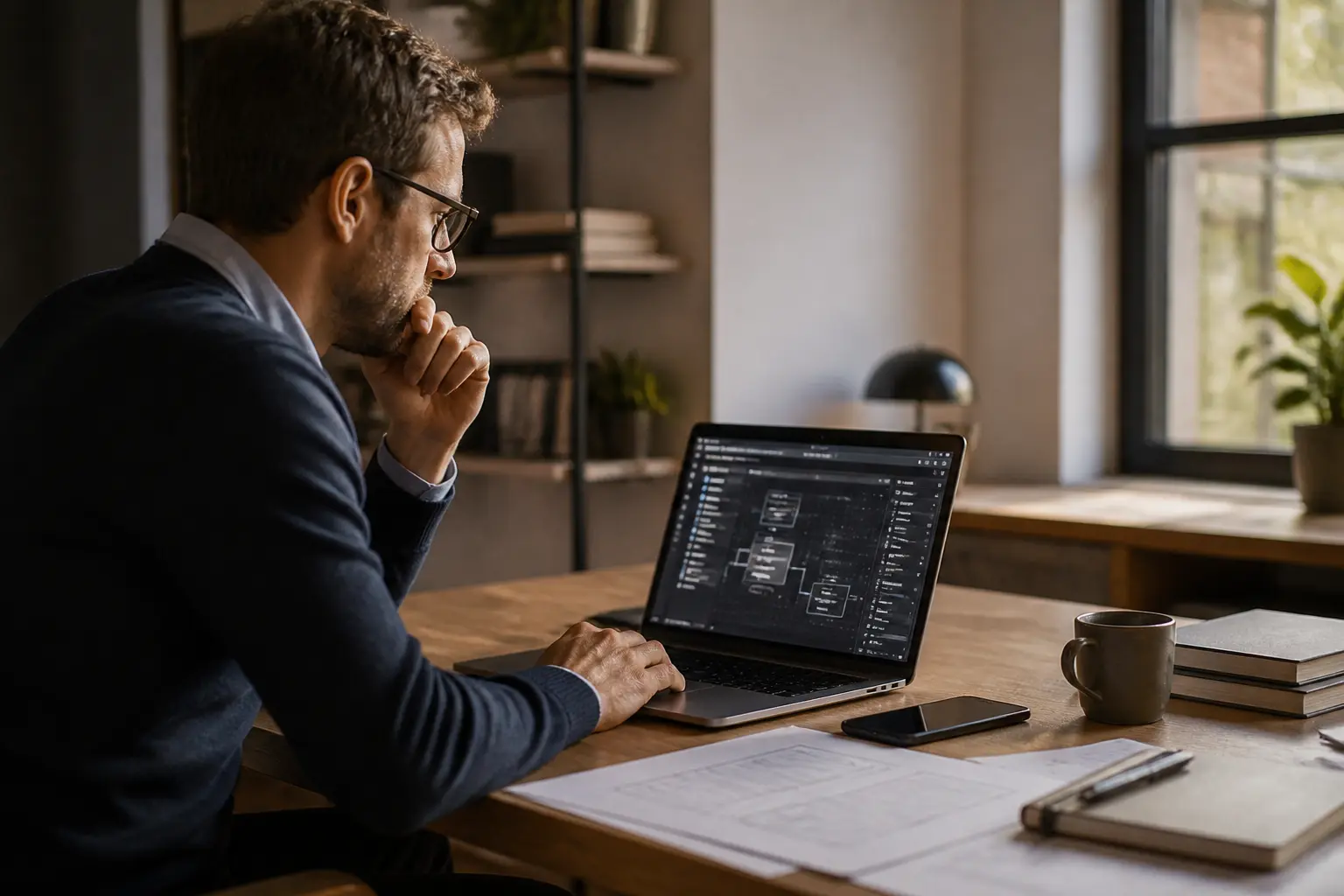 Fondateur en bureau devant un laptop avec interface lovable ai, panneaux UI et wireframes, ambiance startup stratégique