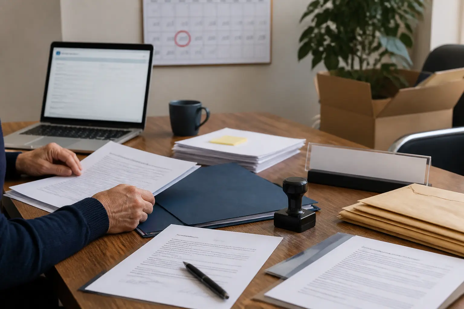 modification association : bureau administratif avec documents officiels, procès-verbal signé, statuts mis à jour et ordinateur ouvert