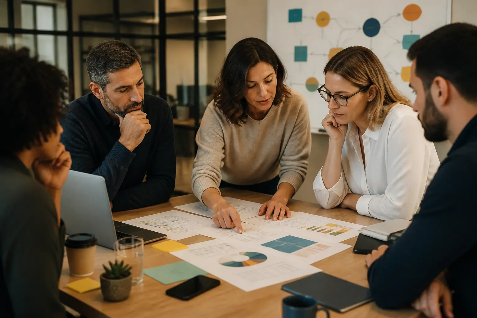 Réunion B2B autour d’une plateforme de marque, documents stratégiques, tableau blanc et équipe en discussion.