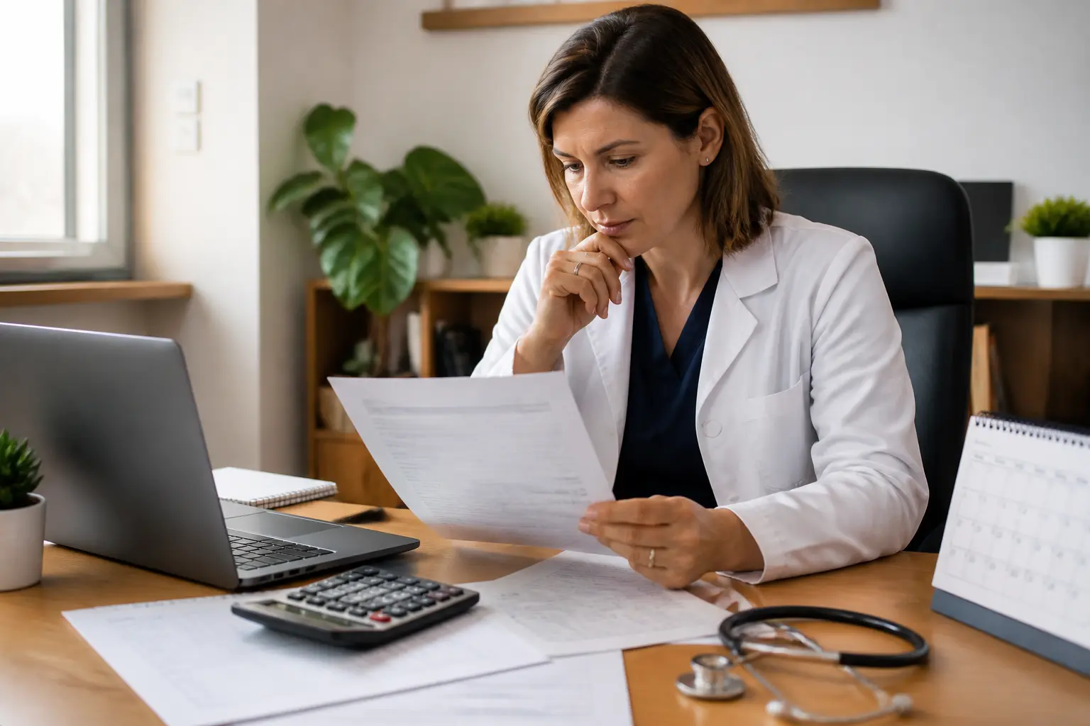 Professionnel de santé vérifiant un relevé SNIR annuel avec comptabilité et documents fiscaux sur un bureau.