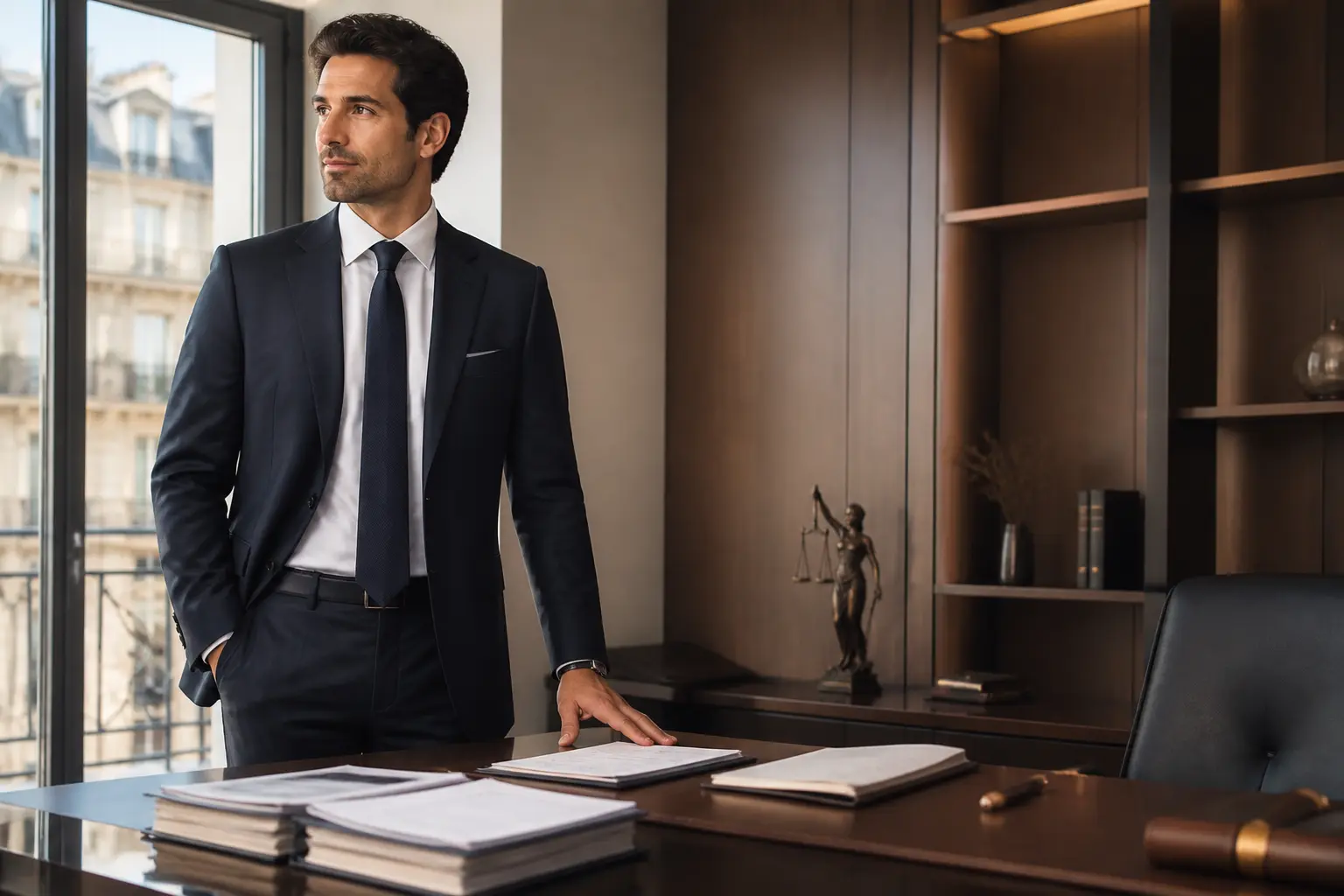 Avocat en bureau moderne illustrant une spfpl, documents juridiques et structure de capital en arrière-plan