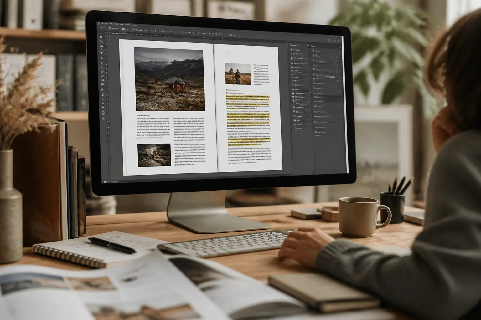 Surligner un texte dans indesign sur écran, interface de mise en page, passages surlignés, mains du designer, bureau créatif