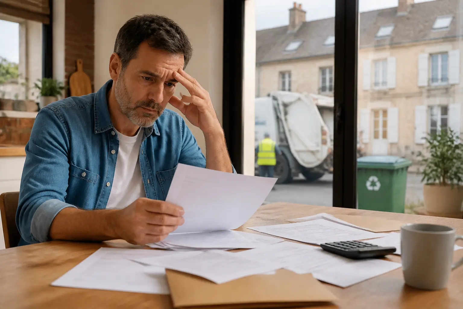 Homeowner français examinant sa facture teom à table, avec poubelle de tri et camion de collecte au loin