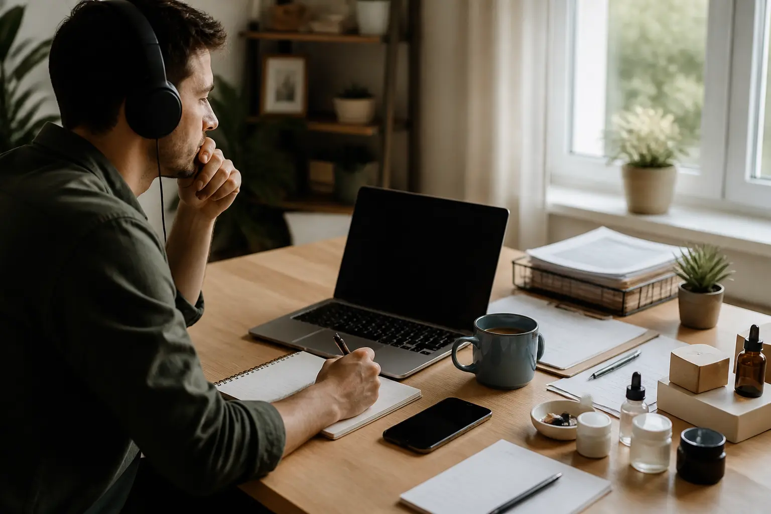 Travailler de chez soi dans un bureau à domicile avec laptop, carnet, café, casque, smartphone et documents organisés