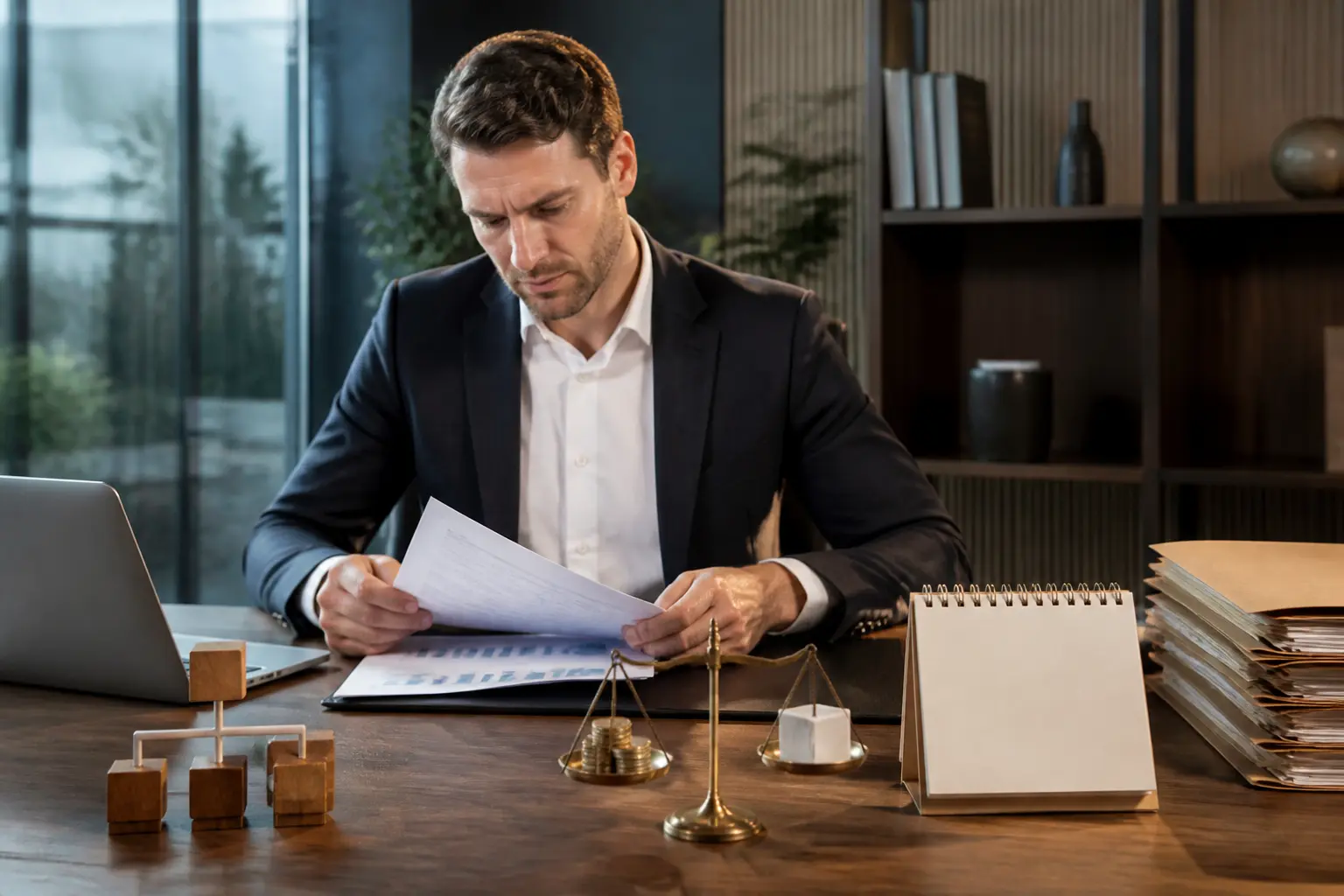 Dirigeant français en bureau moderne, documents et graphique financier, métaphore 150 0 b ter et fiscalité différée