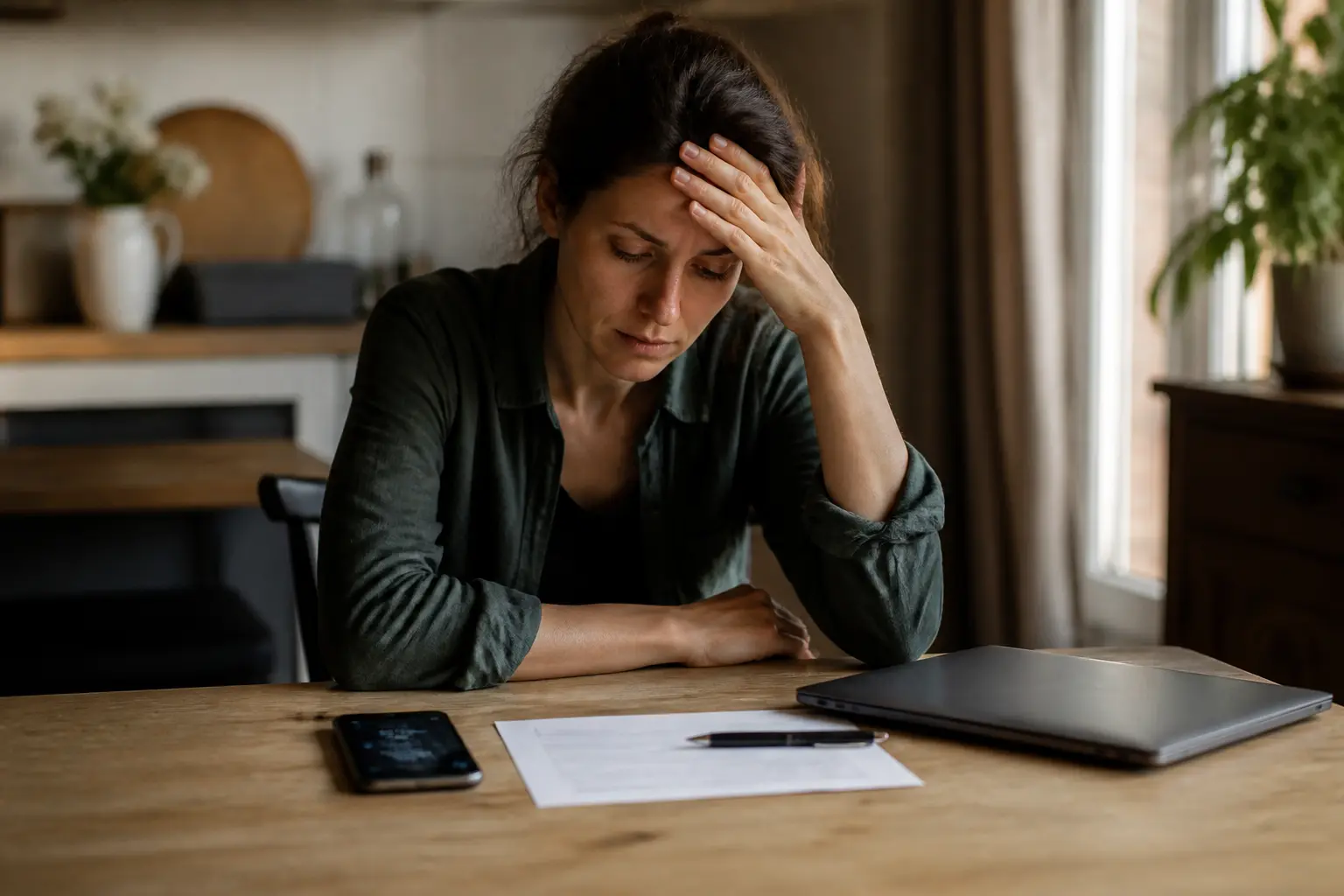 Employé en arrêt maladie pour harcèlement moral au travail, fatigué à table avec certificat médical et téléphone.