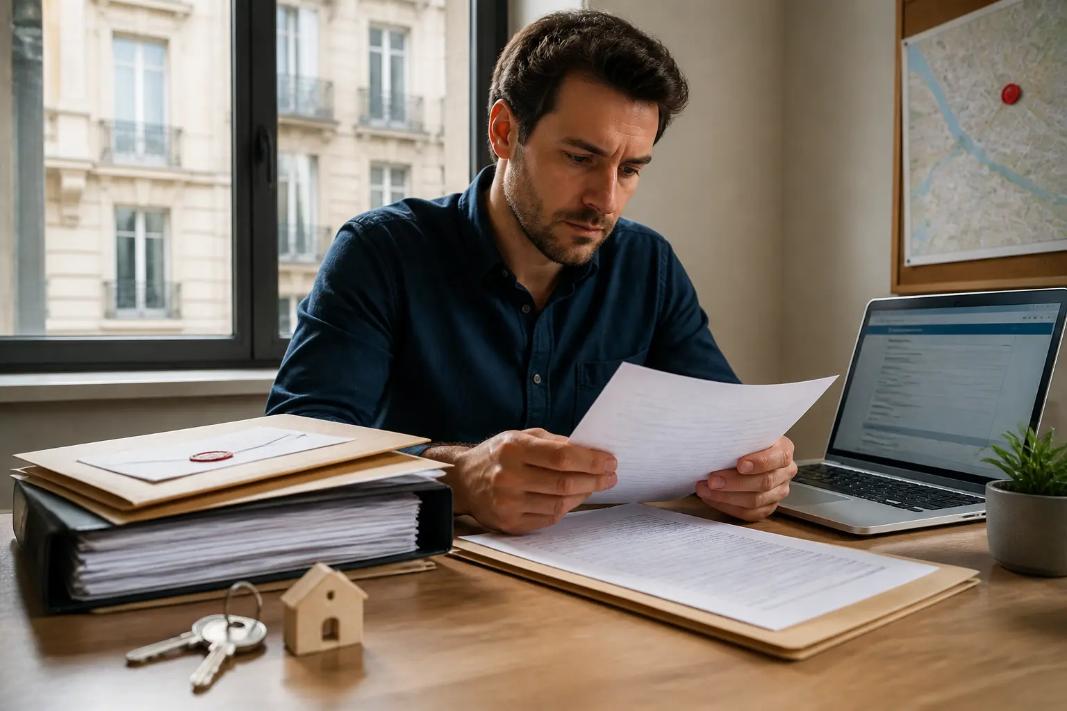 Attestation de domiciliation : entrepreneur vérifiant des documents administratifs sur un bureau, avec enveloppe tamponnée et ordinateur ouvert.