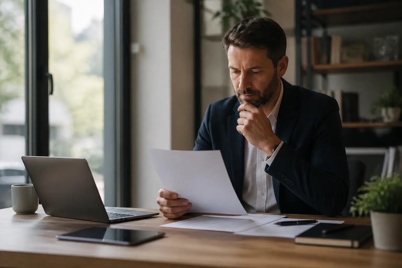 Avantage statut cadre : salarié en bureau moderne examinant contrat et paie, ambiance professionnelle et équilibrée