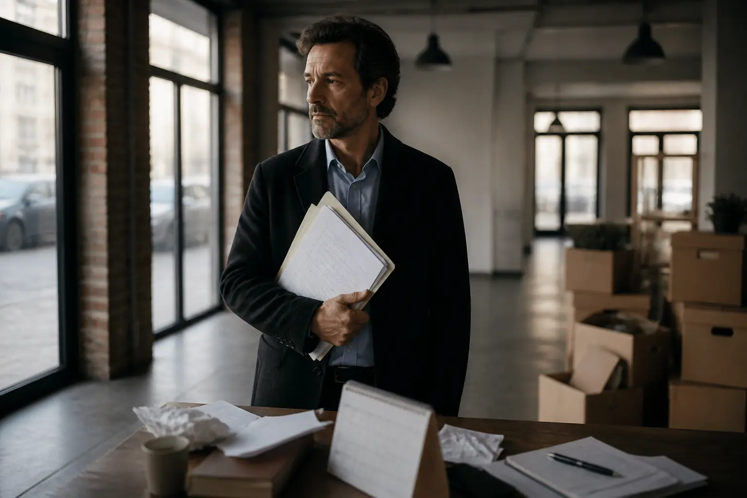 Bail commercial résiliation : entrepreneur français dans local vide avec cartons, dossier juridique et calendrier.