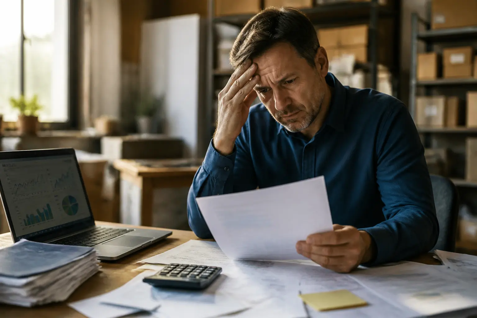 Chef d’entreprise français stressé face à un bilan financier négatif, factures impayées et trésorerie sous pression