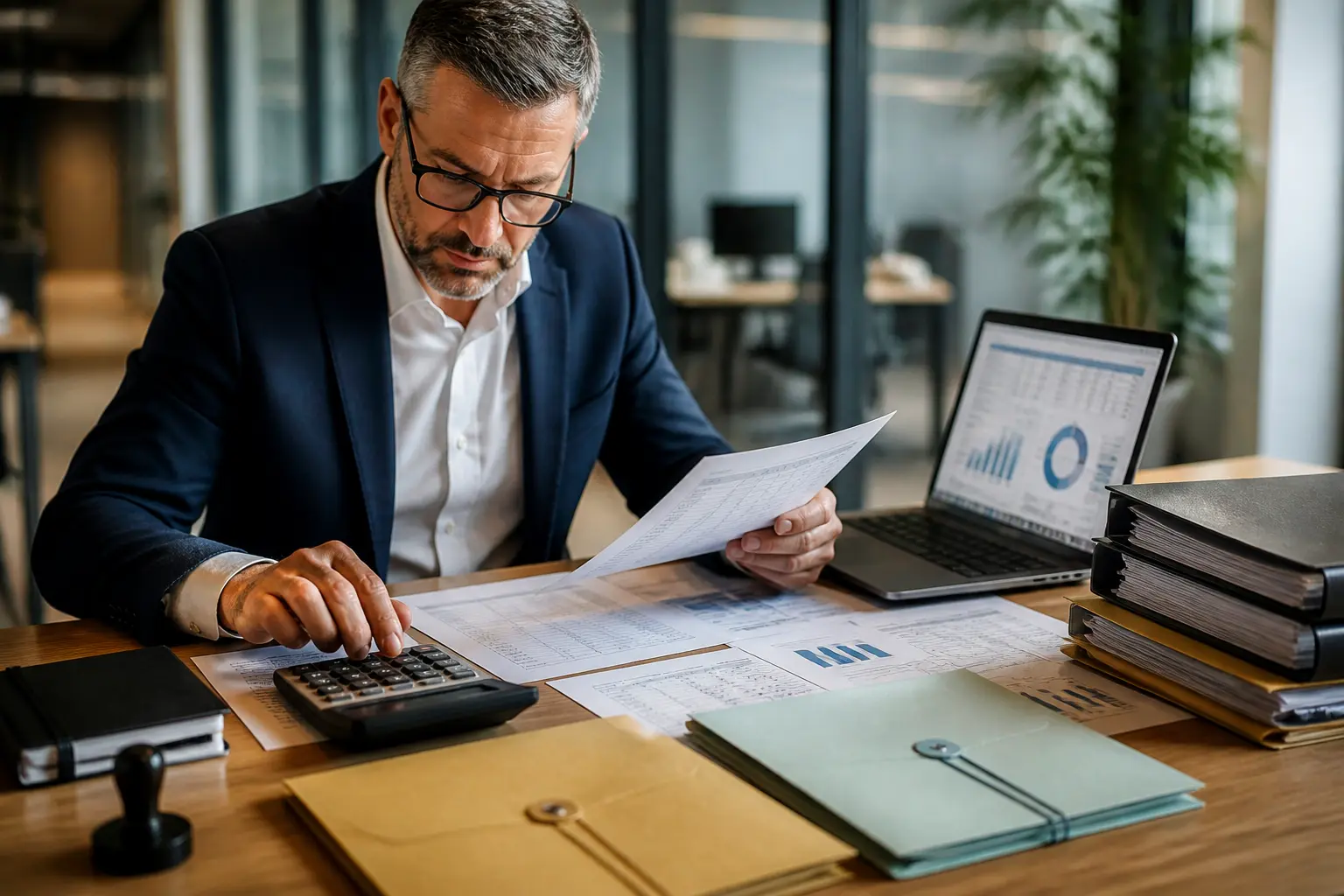 Budget cse : trésorier CSE analysant documents, calculatrice, dossiers et budgets séparés en bureau moderne.