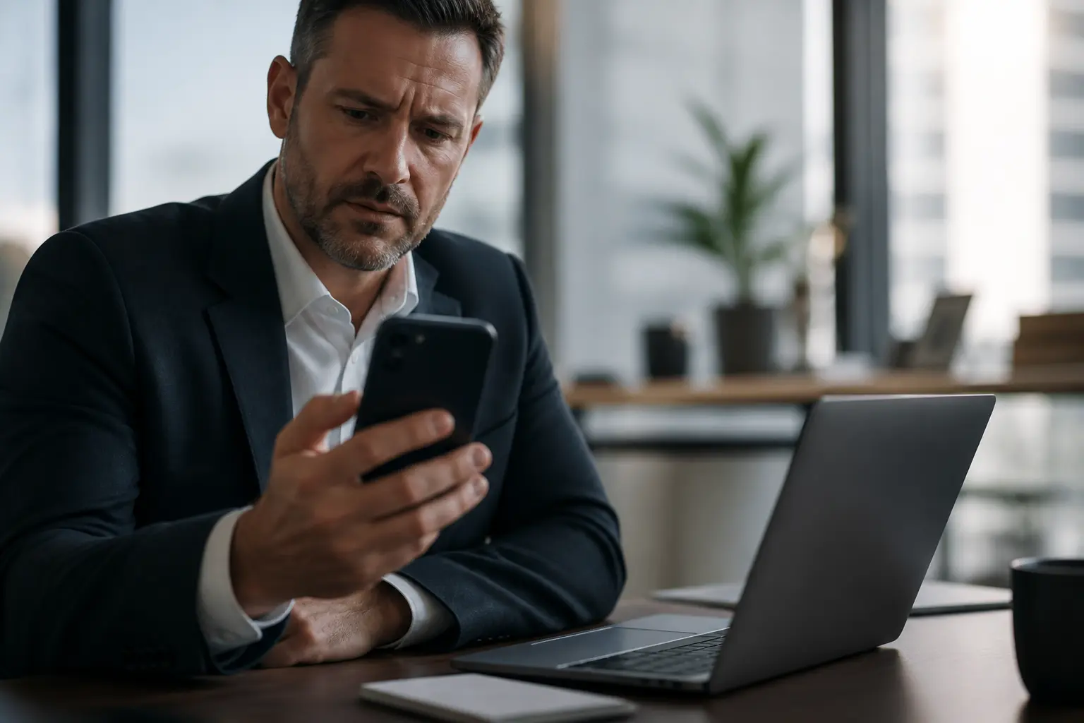 Employé en bureau moderne utilisant un smartphone personnel, illustrant le byod et la sécurité des données