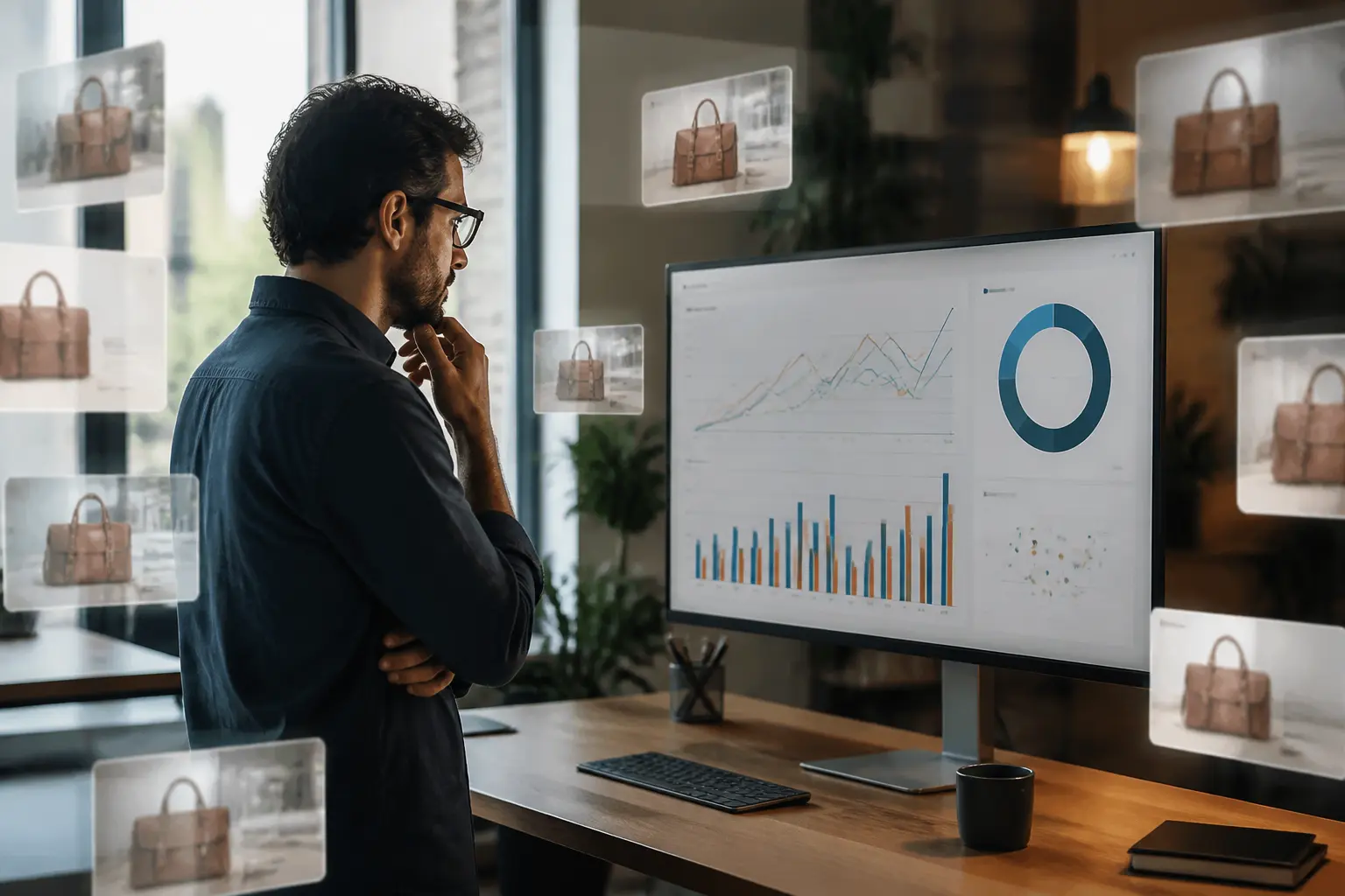 Professionnel marketing analysant le capping def sur écran, avec tableaux de bord et bannières publicitaires répétées en bureau moderne