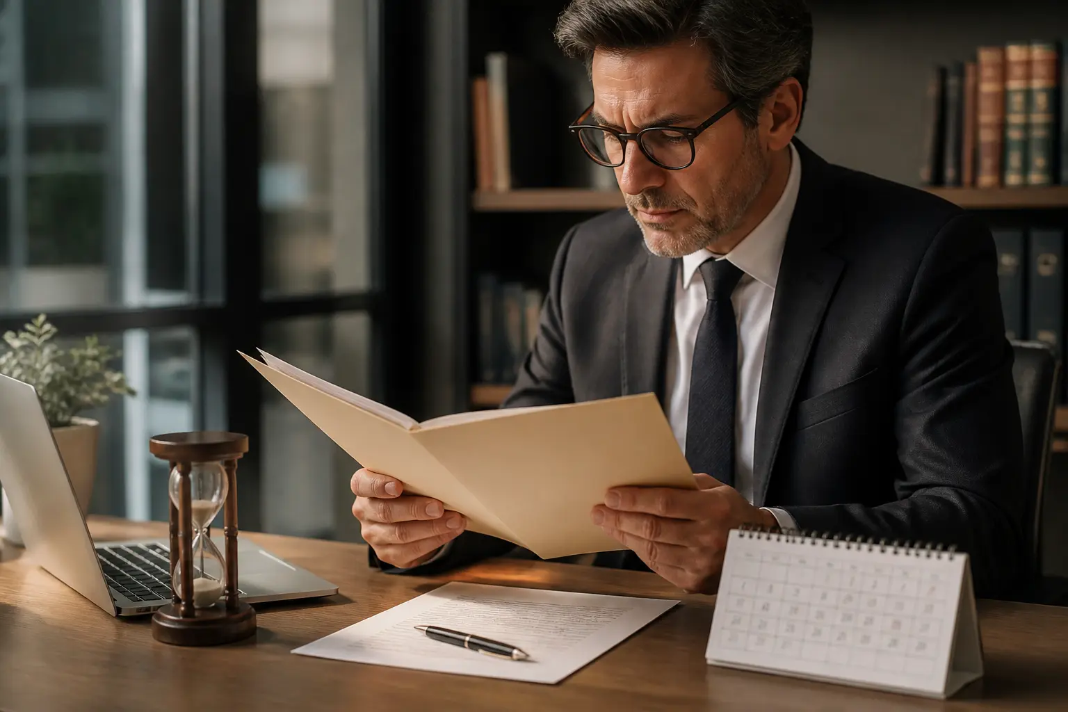 HR en bureau examinant un contrat, calendrier et stylo, cdd renouvellement en cours, ambiance juridique sérieuse