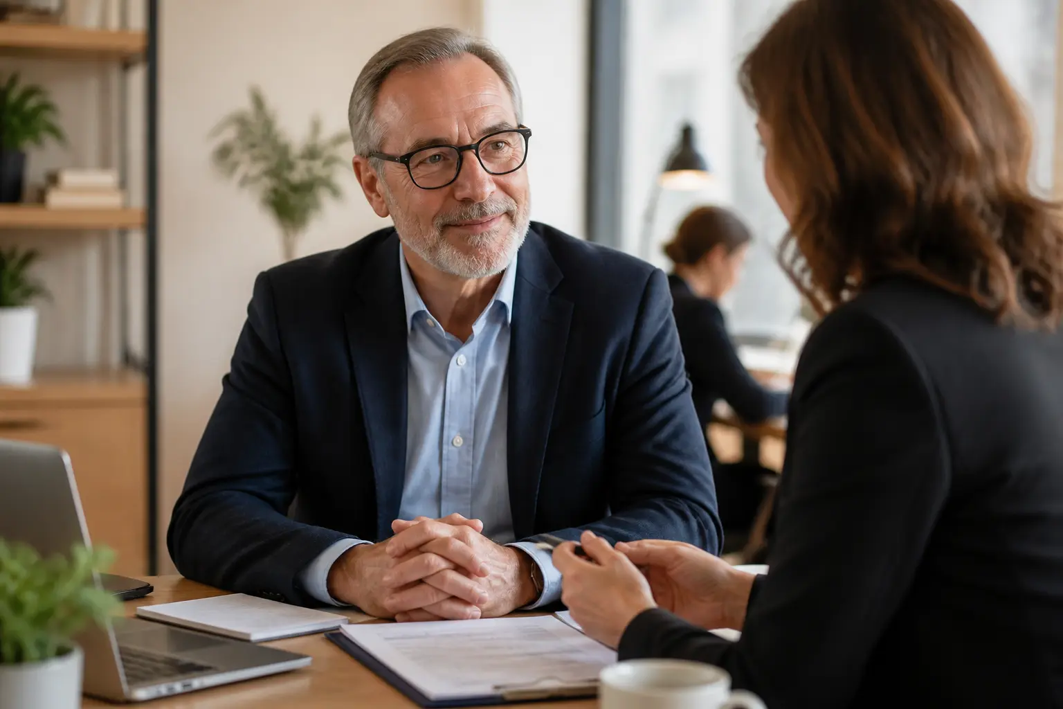 cdi senior : un salarié de 58 ans et une RH discutent d’un contrat stable et d’une transition retraite au bureau