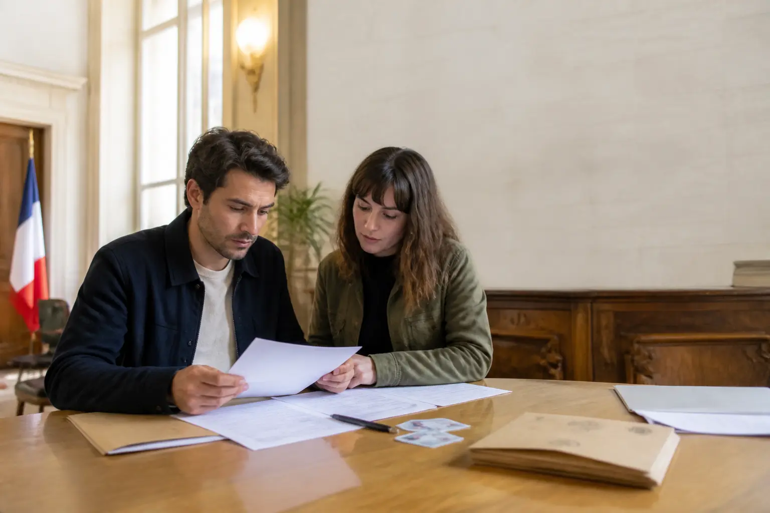 Couple préparant le cerfa 15726 pour un PACS dans un bureau administratif français, documents et cartes d’identité sur table.