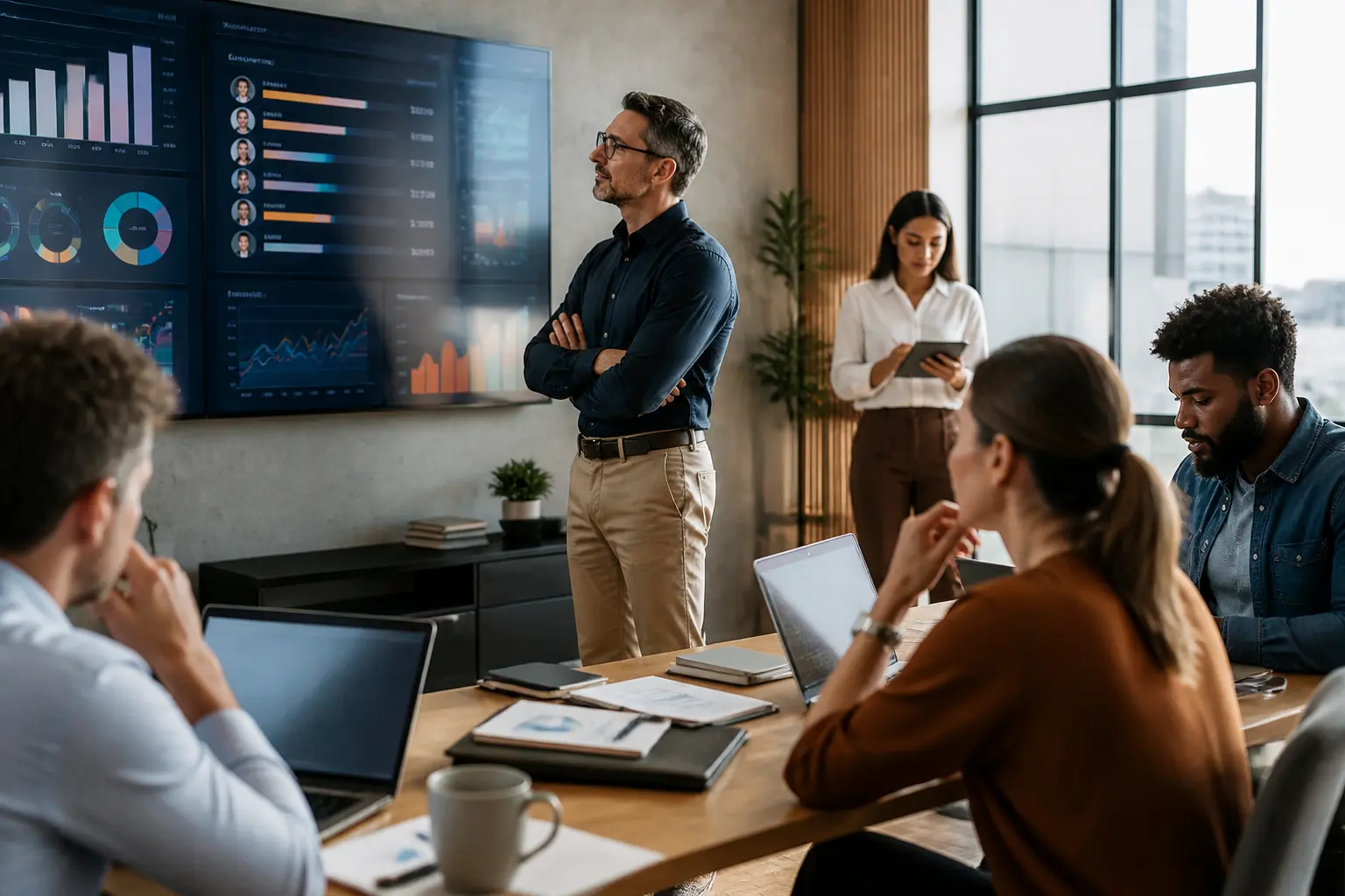 Challenge commercial en équipe : manager devant un tableau de performance, équipe de vente motivée en bureau moderne.