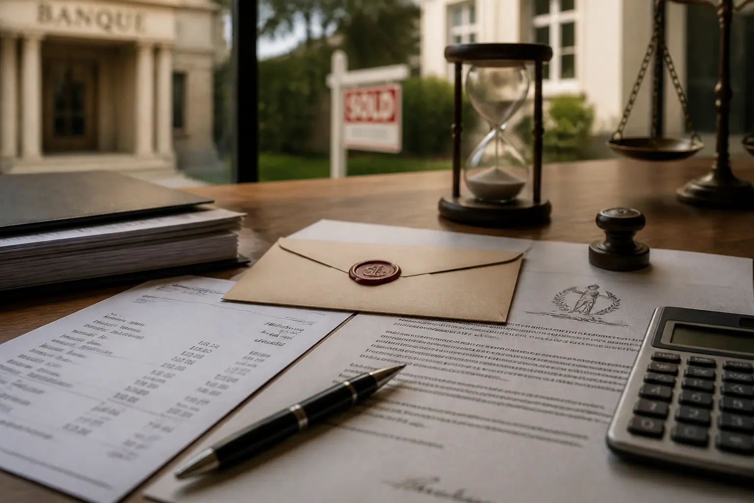 Combien de temps pour toucher l'argent d'une succession : bureau de notaire, documents, enveloppe scellée, calculatrice, banque floue.
