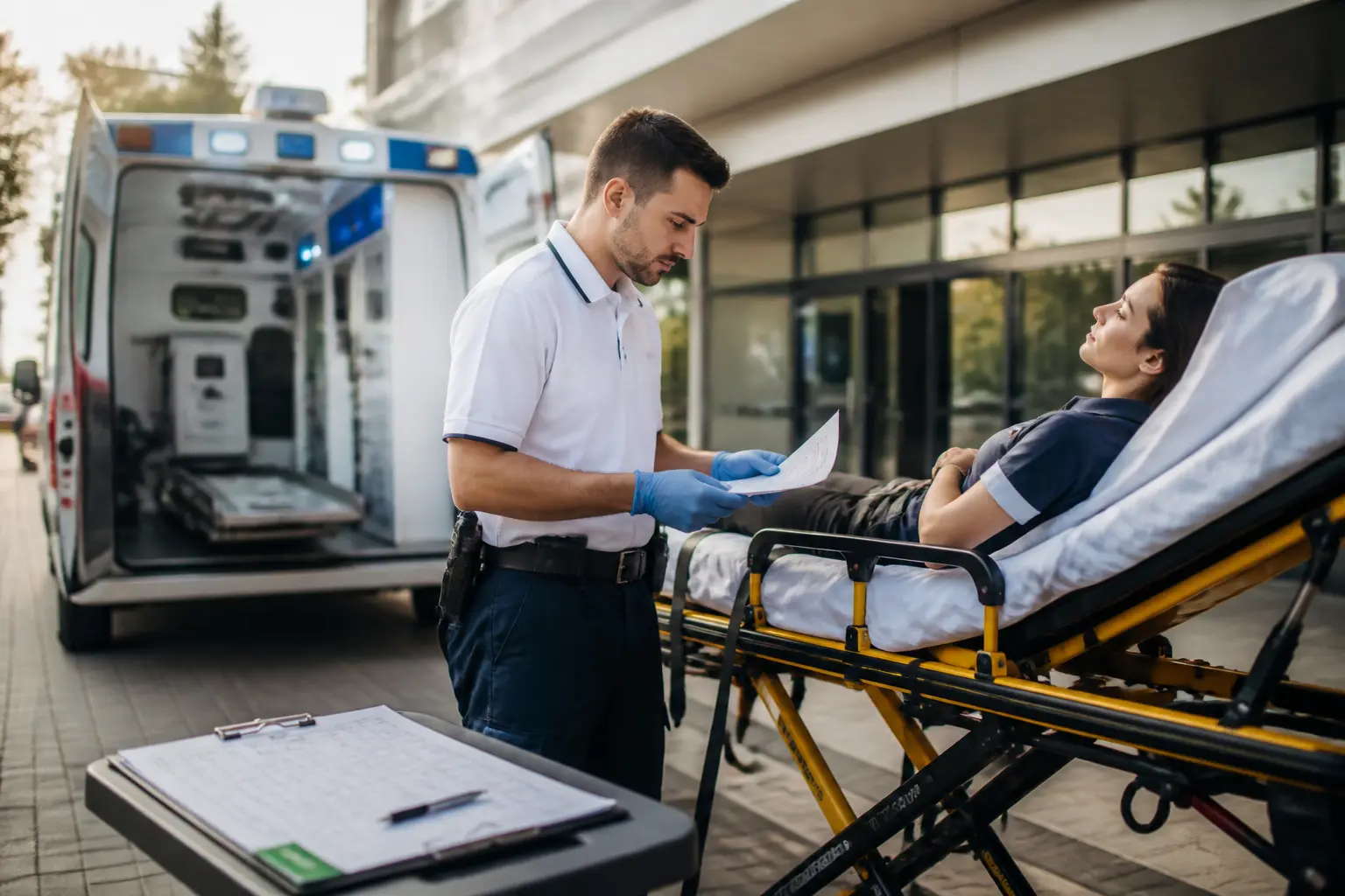 Comment devenir ambulancier : ambulancier en uniforme préparant un brancard devant un hôpital, documents et calendrier visibles.