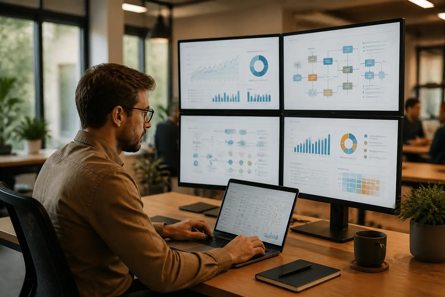 crm manager définition : professionnel en bureau moderne analysant des tableaux de bord clients sur plusieurs écrans avec ordinateur portable