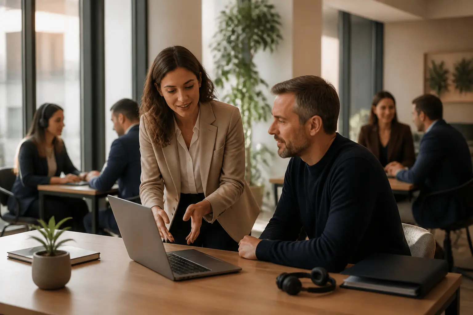Customer success en SaaS : CSM français guidant un client devant un laptop et un CRM, ambiance bureau chaleureuse.