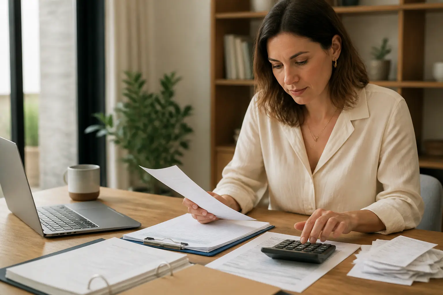 Freelance français au bureau, débours, factures, reçus, calculatrice et ordinateur pour remboursement et comptabilité