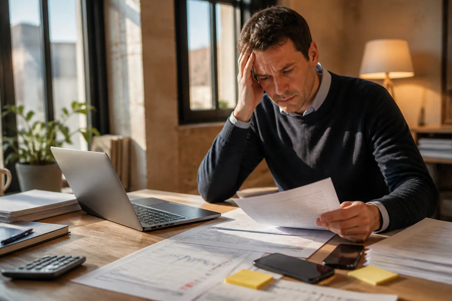 Décaissement en PME : dirigeant stressé au bureau, factures, relevés bancaires et calendrier de paiements.
