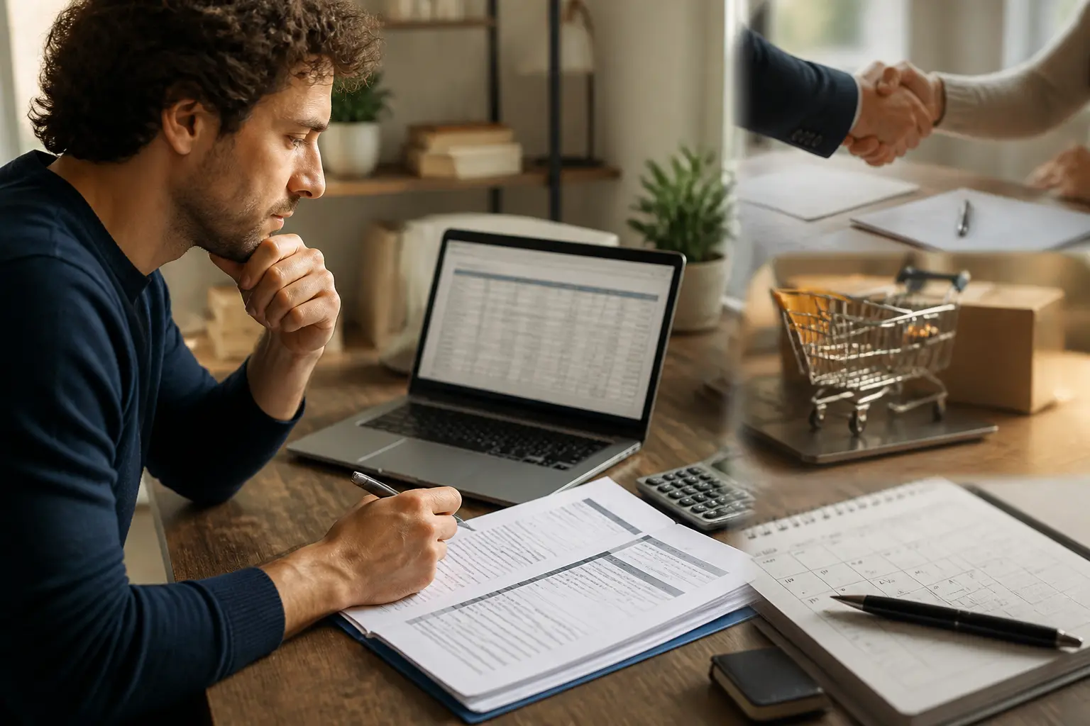 Définition d'une offre : entrepreneur analysant une proposition commerciale avec contrat, facture et calculatrice sur bureau moderne