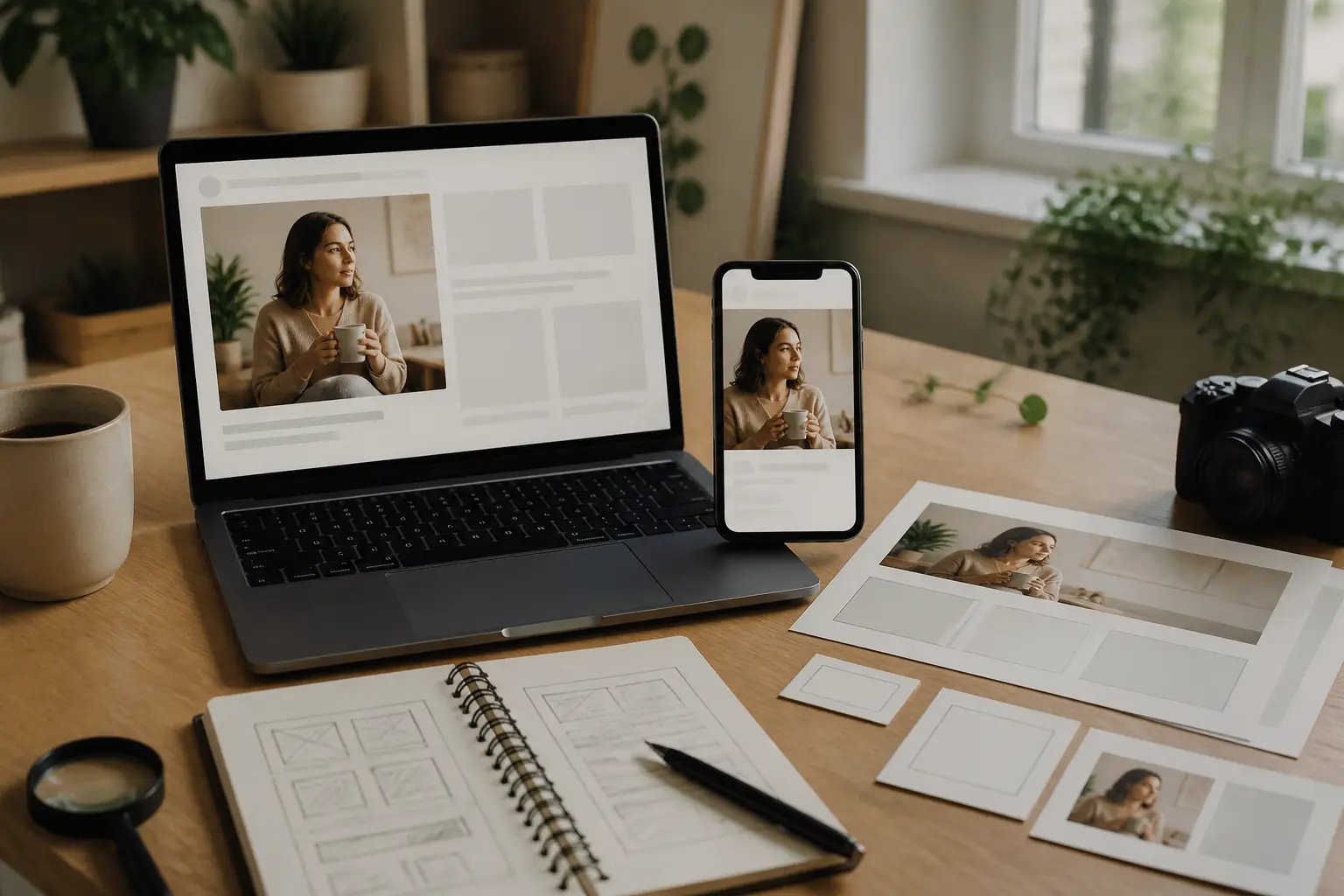 Bureau marketing avec maquettes LinkedIn, smartphone et laptop illustrant la dimension carré linkedin et le recadrage mobile/desktop