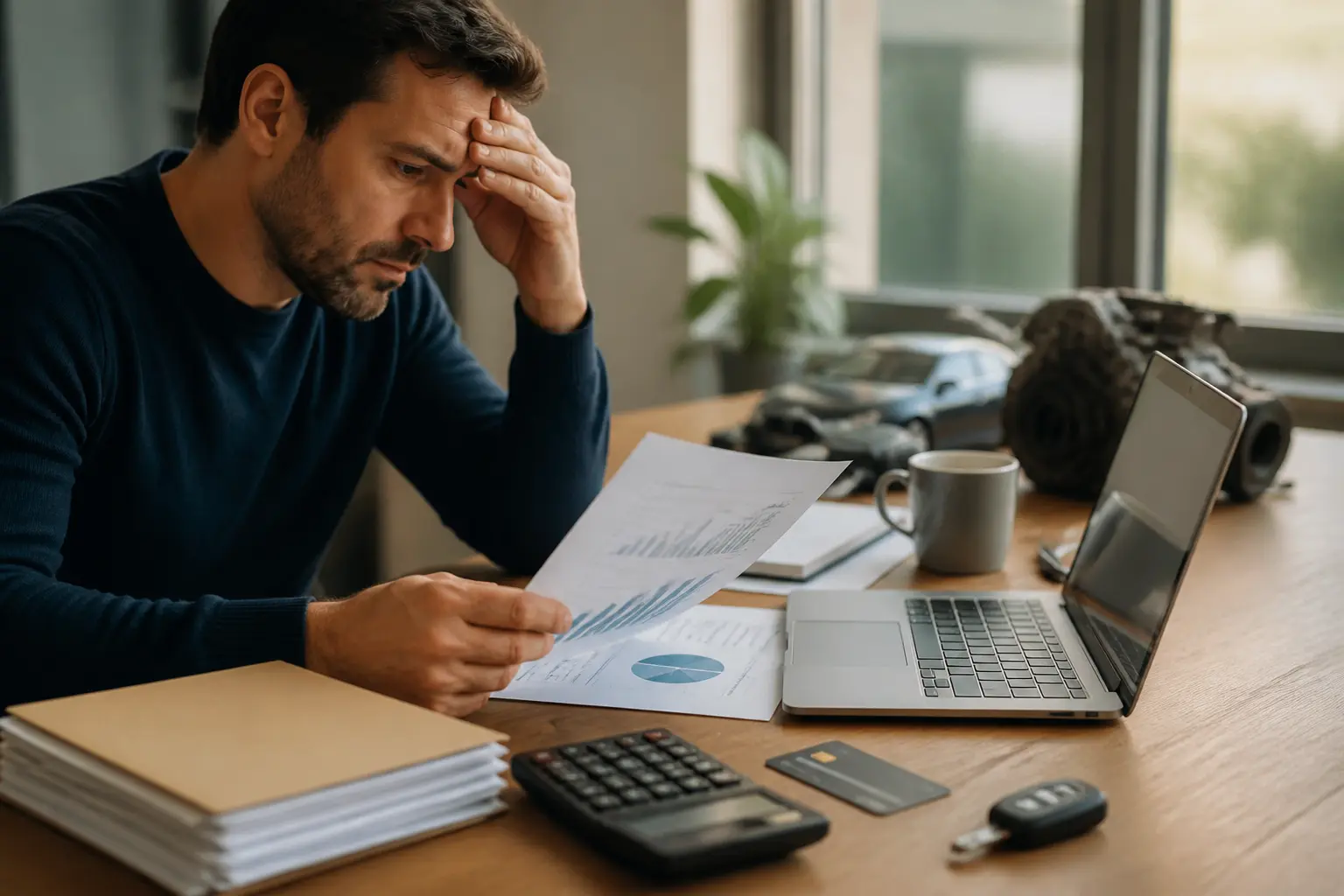 Entrepreneur français consultant une dotation amortissement sur ordinateur, relevés financiers et calculatrice sur bureau.