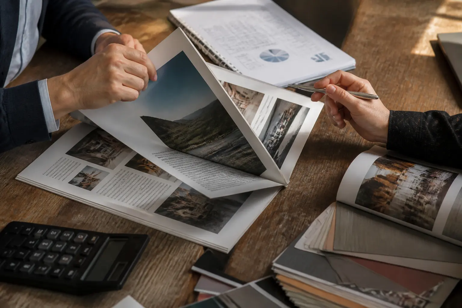 Encart publicitaire dans un magazine papier, avec marketer et éditeur analysant support, format, insertion et coût sur bureau