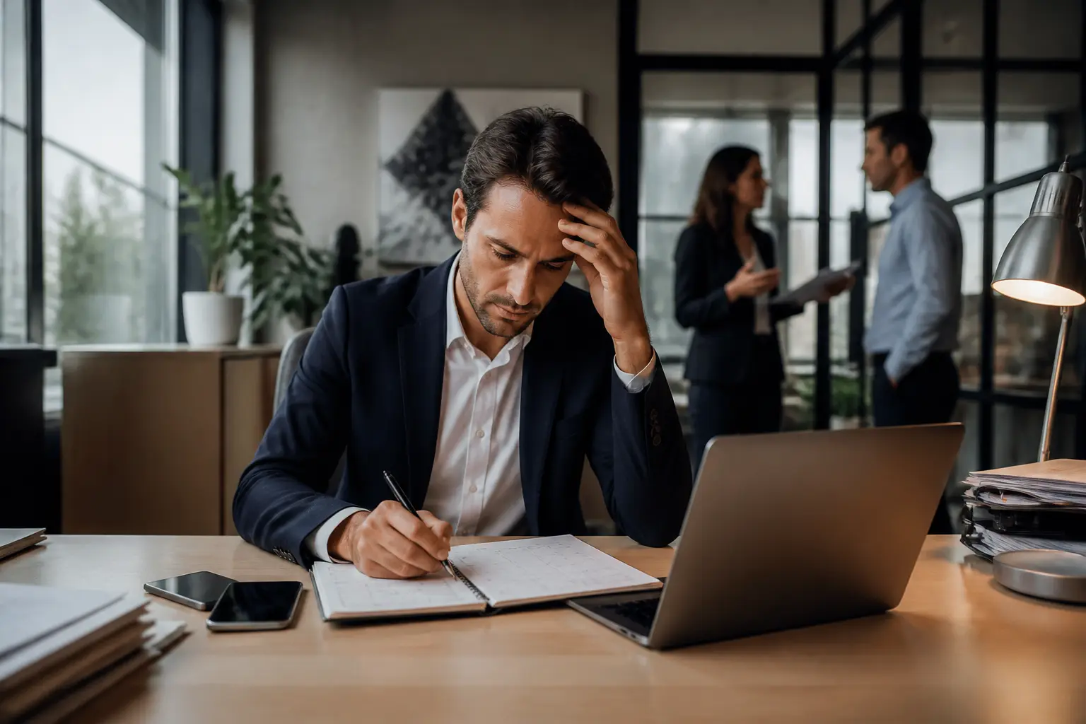 Manager en bureau tardif, planning et documents, illustrant le forfait cadre jour, autonomie et charge de travail.