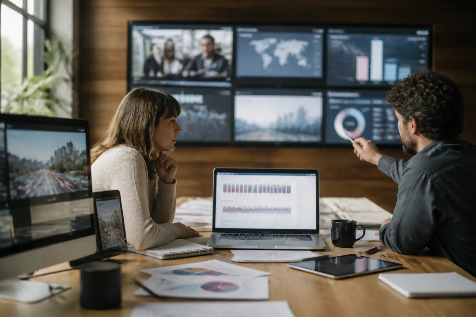 Stratégie média avec gross rating point, analyste marketing et tableaux de couverture TV, digital, radio et outdoor