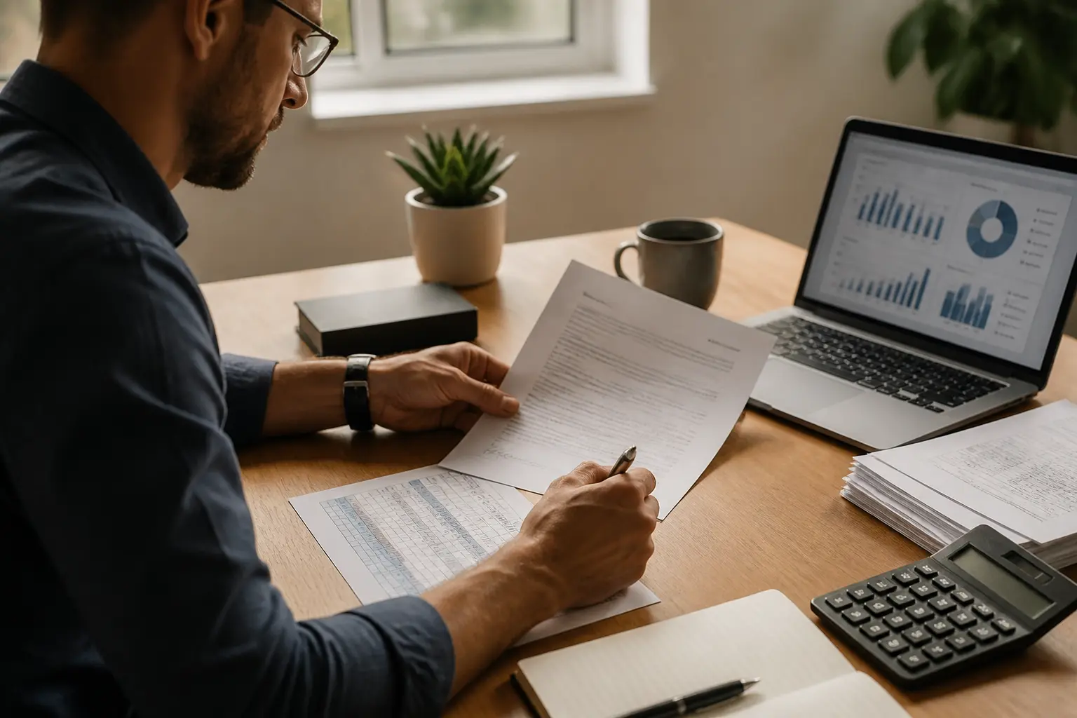 Dirigeant français analysant un contrat, un tableau de trésorerie et les interets compte courant sur un bureau moderne