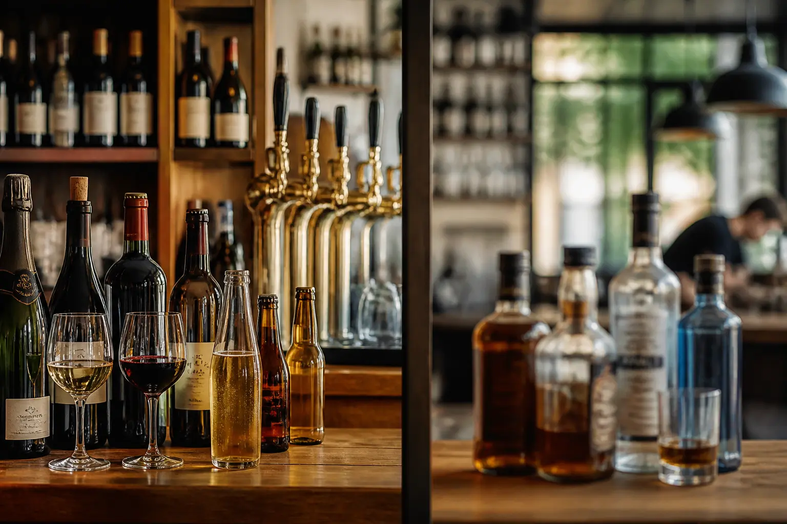 Licence 3 alcool dans un bar-bistro chaleureux, avec vins, bières, cidres et liqueurs, spiritueux exclus flous en arrière-plan