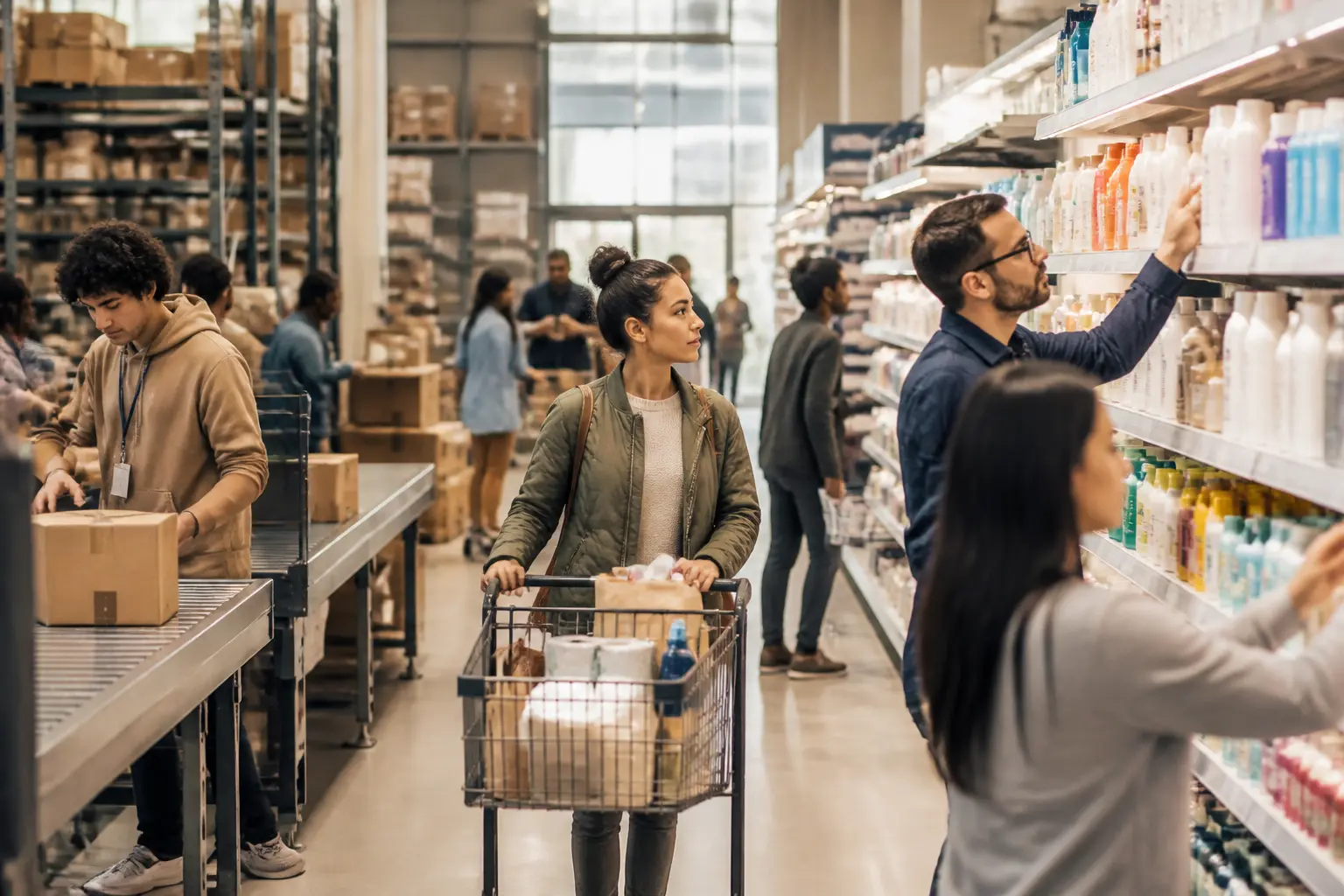Marché de masse : foule diverse dans un supermarché moderne et un entrepôt e-commerce, produits standardisés et colis.