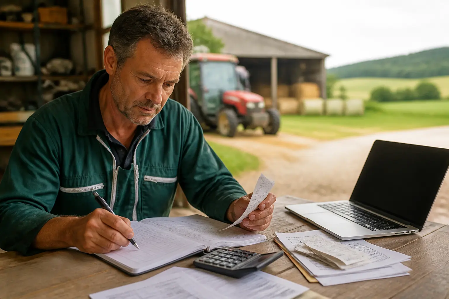 Agriculteur en bureau rural consultant comptes, factures et calculatrice, micro ba, ferme en arrière-plan.