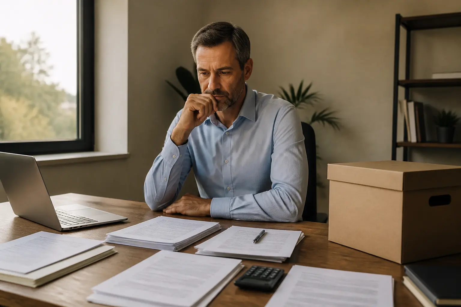 Peut-on fermer une entreprise du jour au lendemain : entrepreneur français devant documents, factures et carton fermé au bureau
