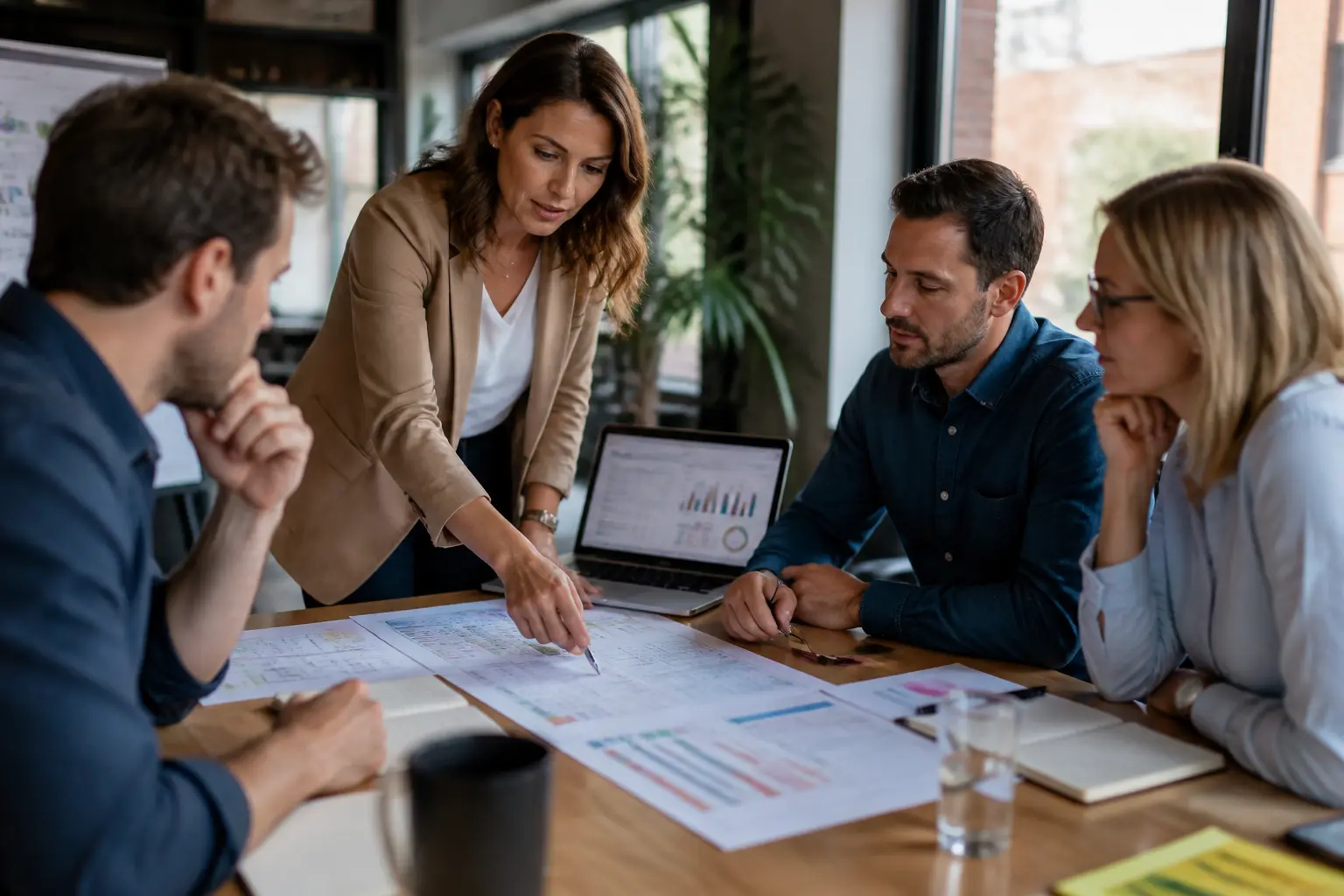 Équipe commerciale en réunion autour d’un plan d'action commercial, avec tableaux KPI, calendrier et suivi des priorités