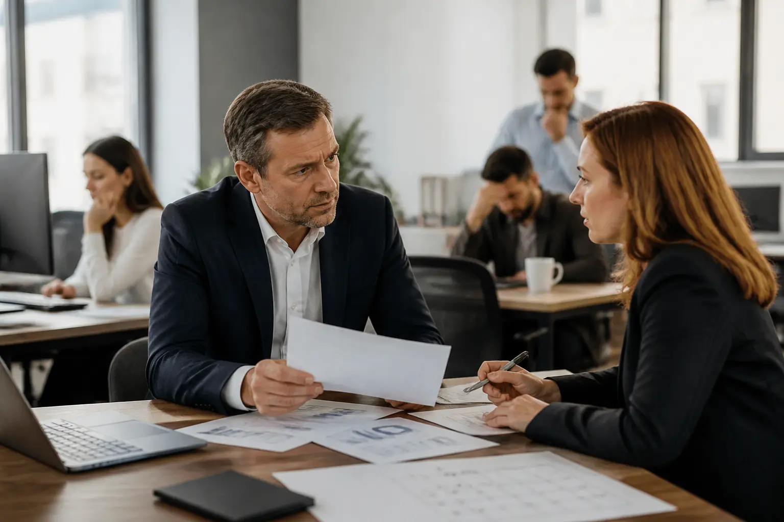 Plan de sauvegarde de l'emploi : manager et conseiller juridique examinent des documents en bureau, employés en arrière-plan