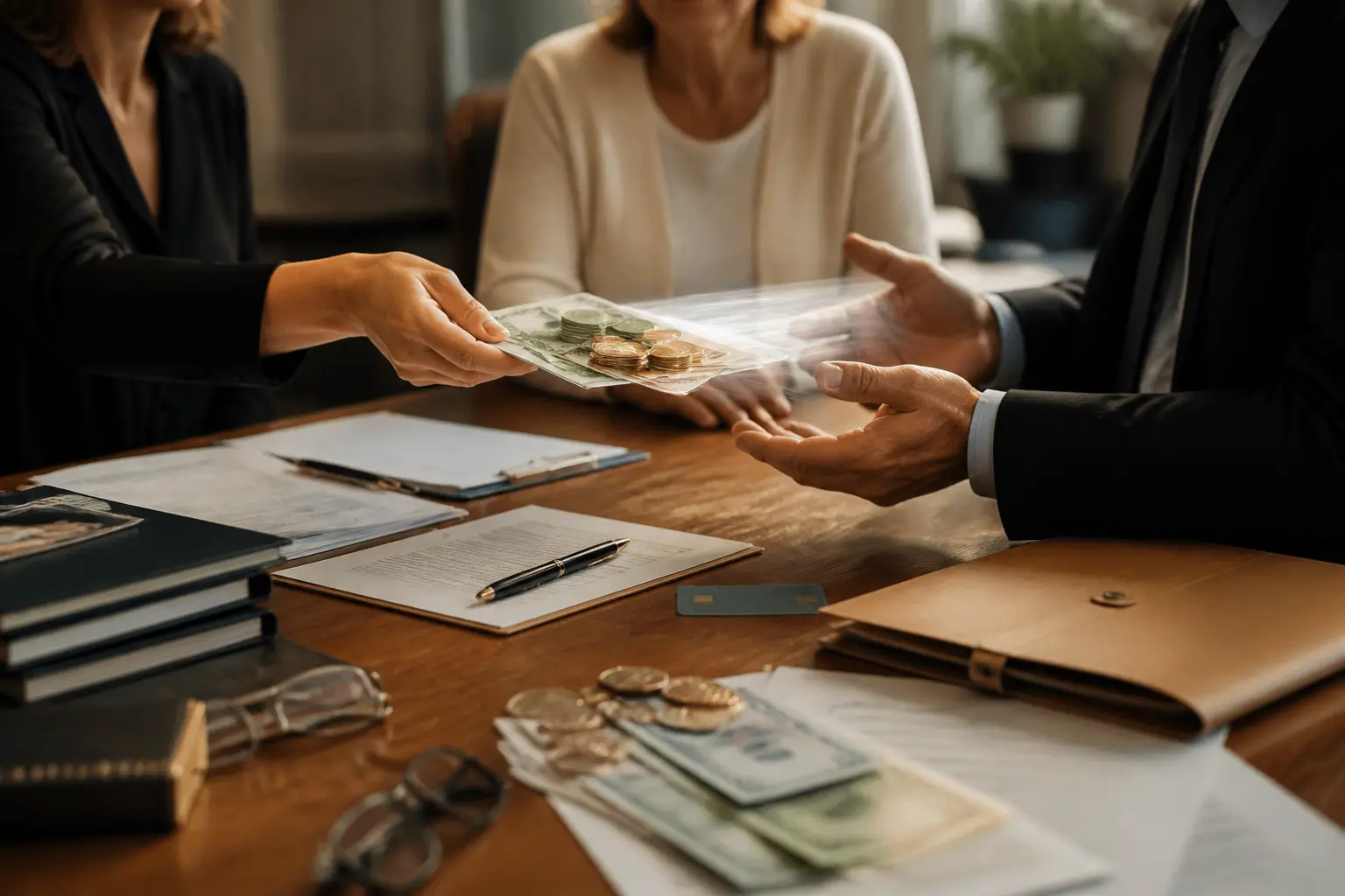 Quasi usufruit : bureau de notaire, relevé bancaire, documents successoraux et flux d’actifs pour une succession familiale