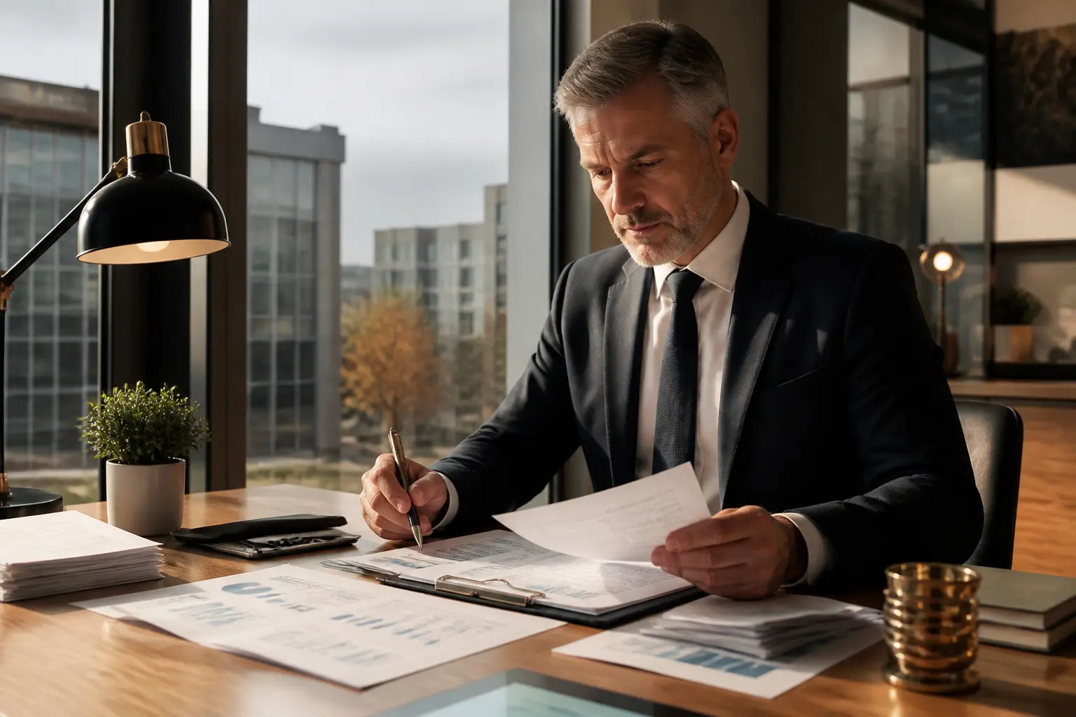Régime mère fille : analyste financier en bureau, immeubles liés, dossiers de dividendes et structure de groupe.