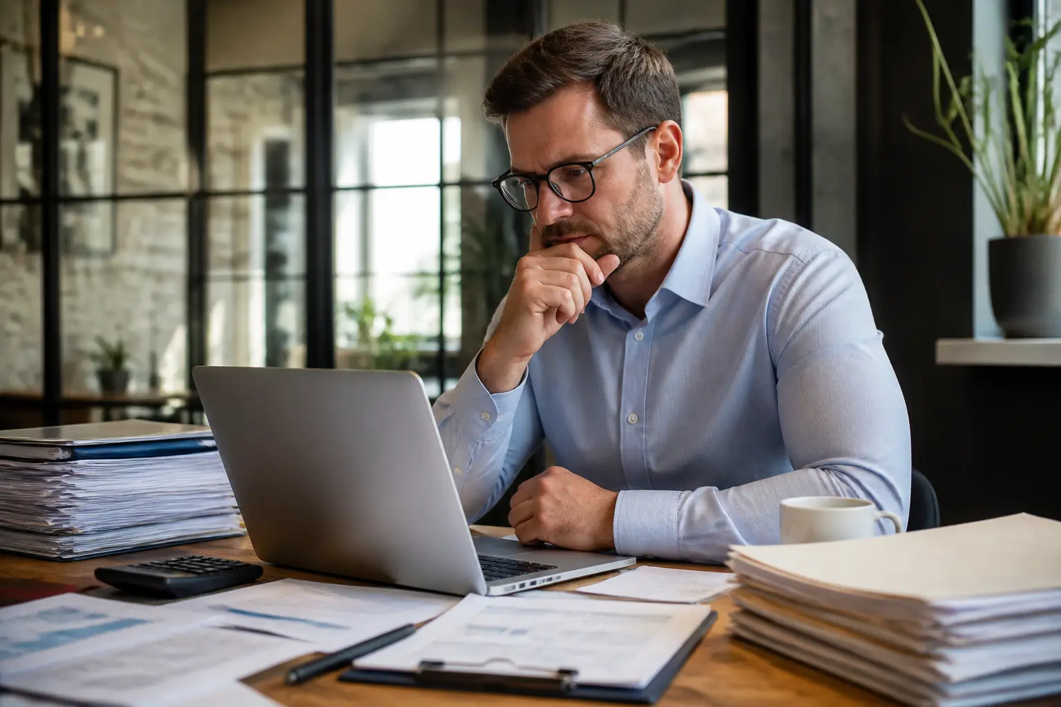 Dirigeant en bureau analysant un bilan et un report à nouveau, avec dossiers, calculatrice et tension de trésorerie.