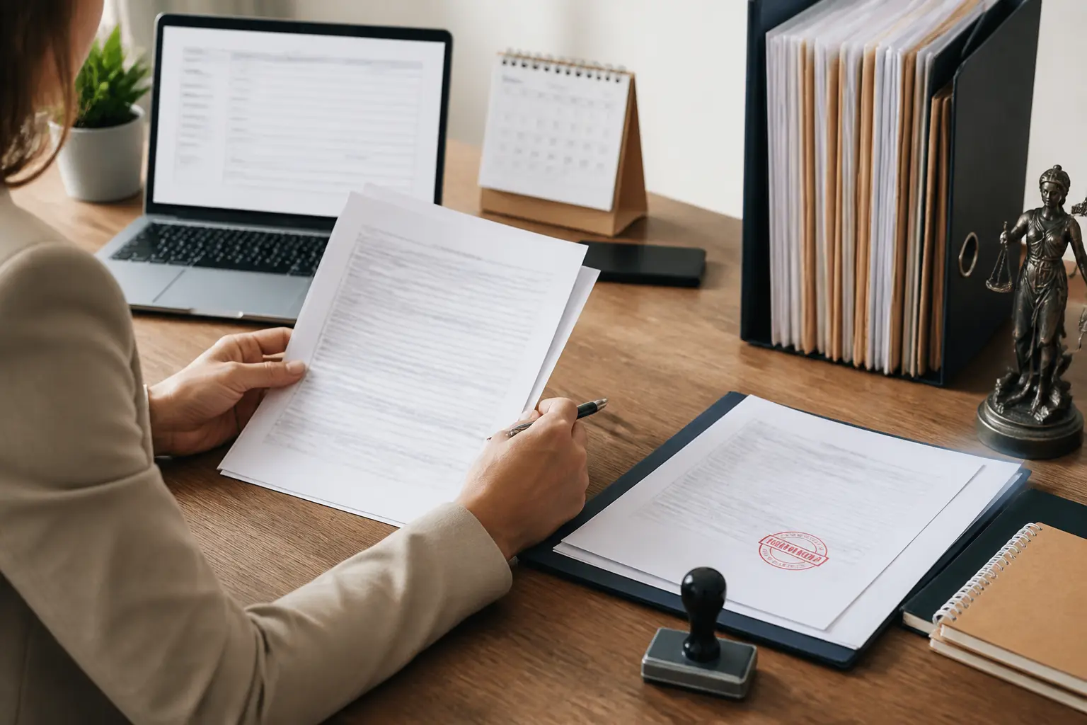 Bureau professionnel avec dossier rsac, documents officiels, ordinateur et calendrier, ambiance administrative fiable et organisée