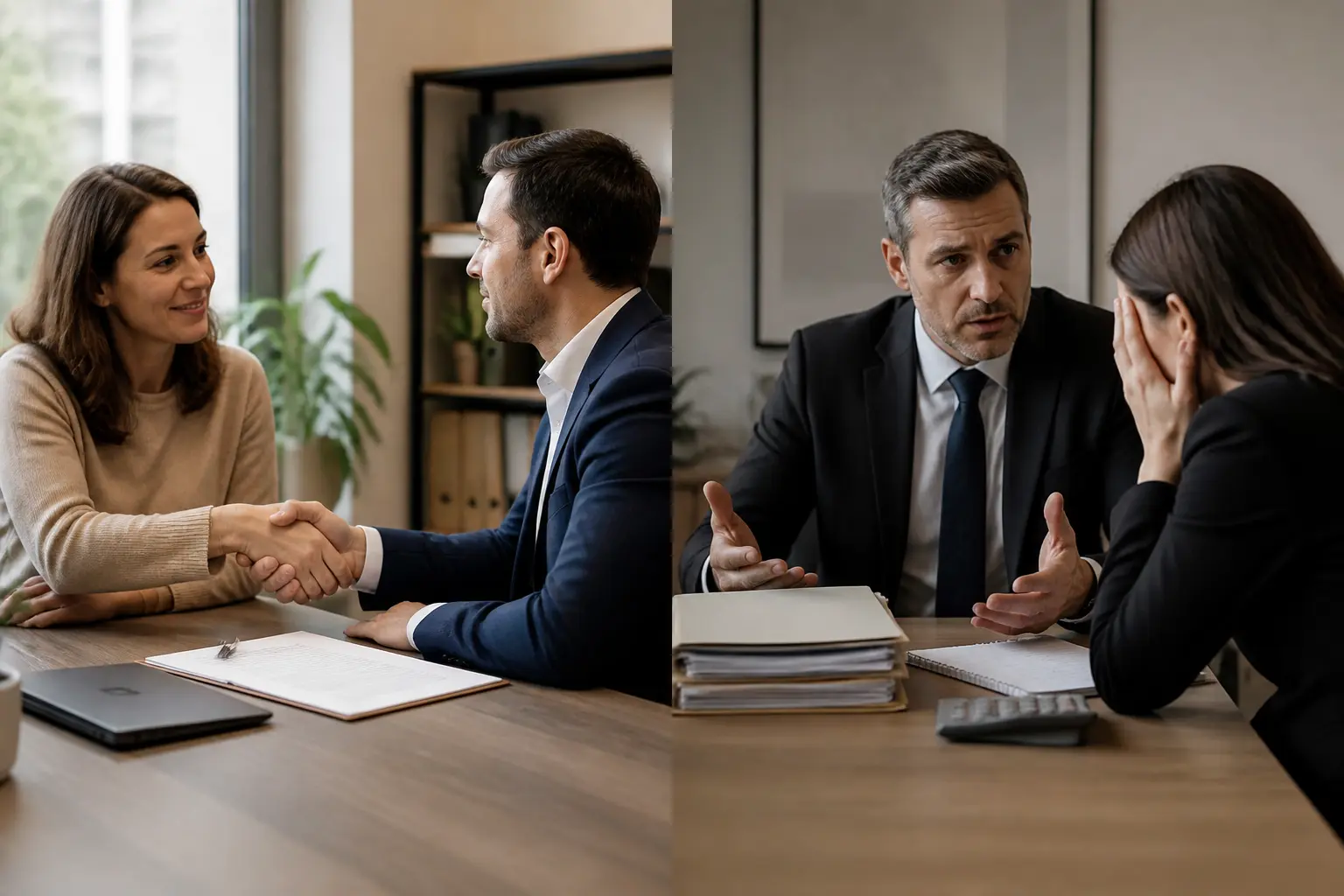 Bureau français avec deux adultes discutant d’une rupture conventionnelle ou licenciement, documents juridiques, calendrier et ordinateur.