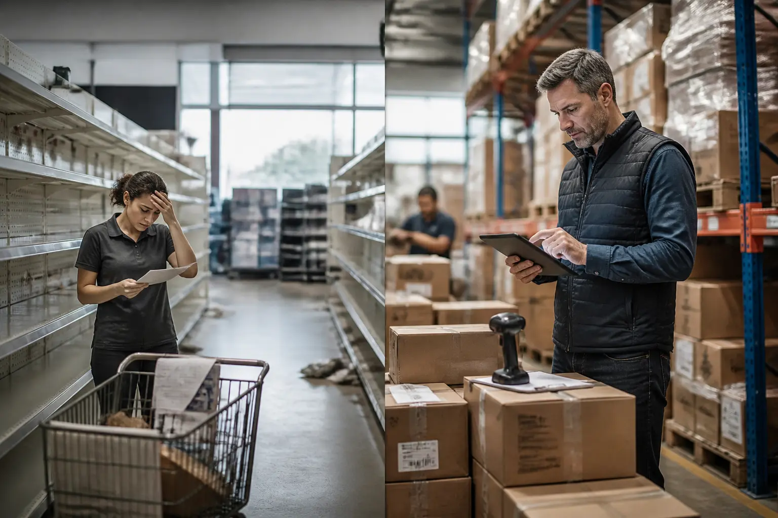 Rupture de stock en entrepôt et magasin, rayons vides, cartons, scanner et manager vérifiant les stocks sur tablette