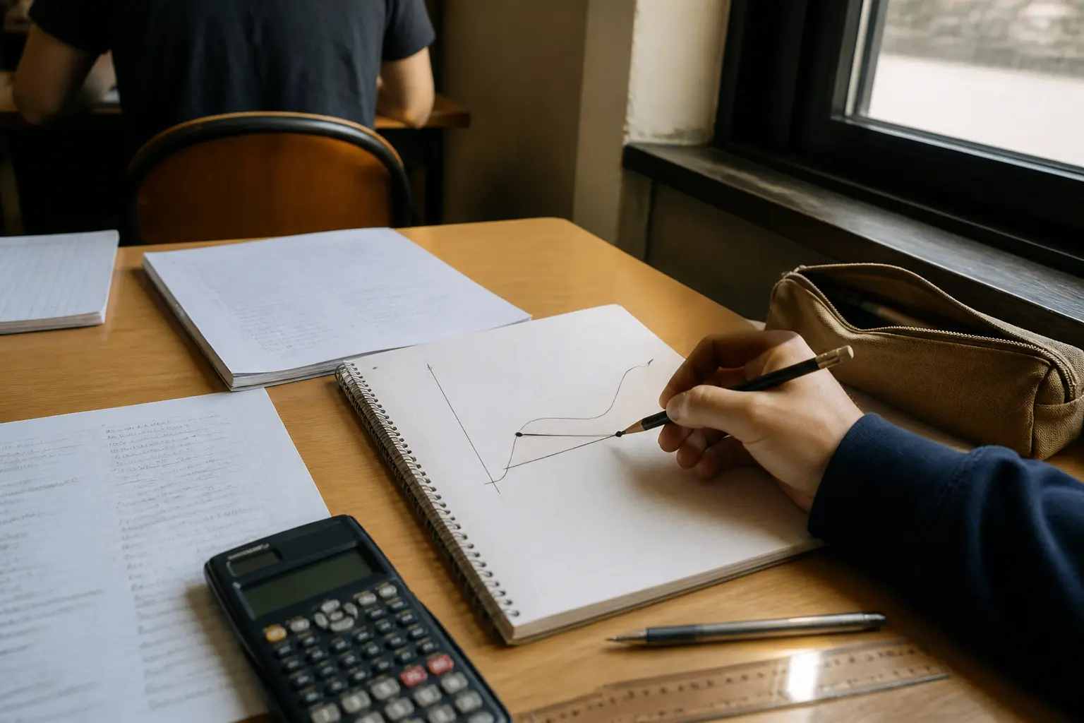 Taux d'accroissement illustré par une table d’élève avec notes, graphe, sécante, calculatrice et matériel scolaire.