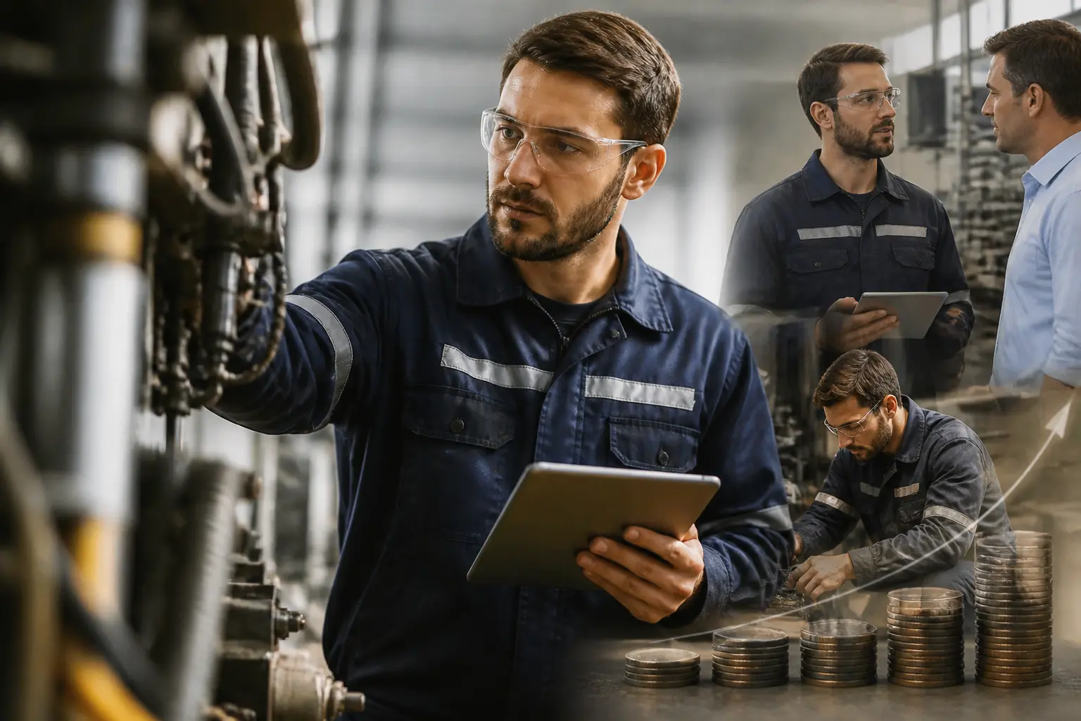 Technicien de maintenance salaire : technicien en usine inspectant une machine avec tablette, ambiance industrielle moderne, progression visuelle subtile