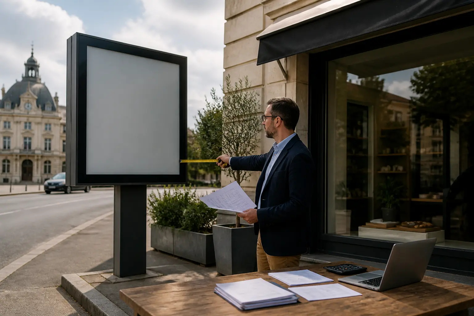 Boutique et panneau publicitaire mesuré par un comptable, mairie en arrière-plan, contrôle tlpe en ville