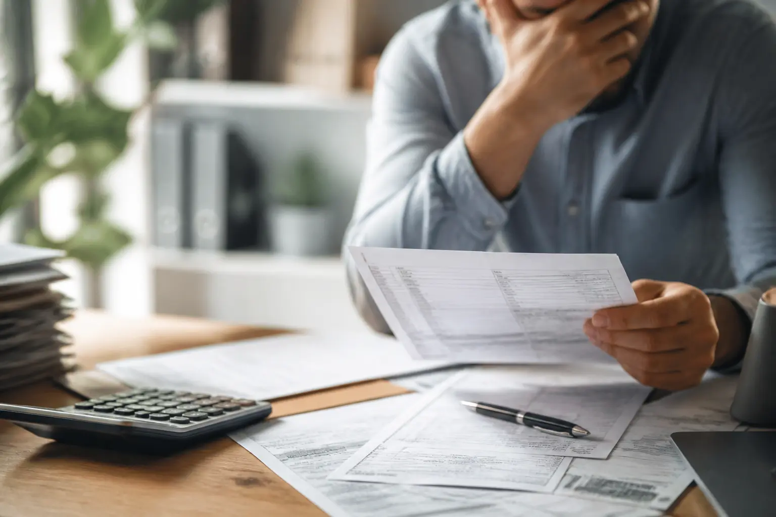 trop-perçu salaire erreur employeur : mains d’un salarié examinant des bulletins de paie, calculatrice et document RH sur bureau